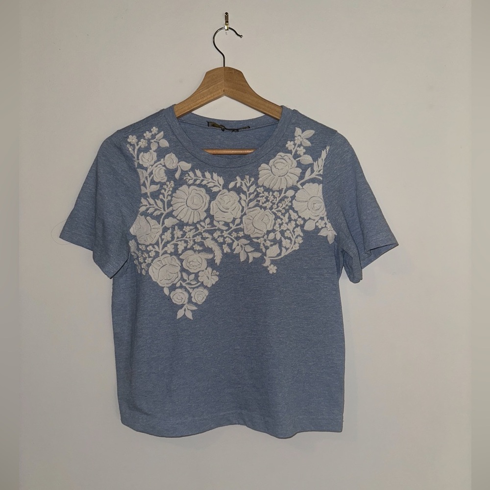 Anthropologie Pankaj & Nidhi Light Blue Floral Appliqué Top